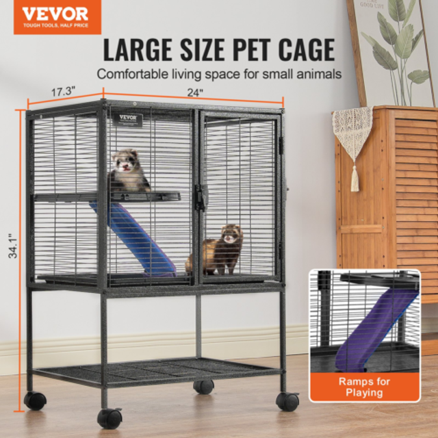 34' Rolling Metal Ferret Cage, Large 2-Tier Critter Nation Cage, Small Animal Cage with Ramps & Tray, Easy to Set up for Pet Rats, Hamster, Guinea