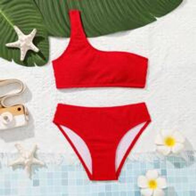 Tween Girl enfärgad asymmetrisk halsringning Bikini Set med separerade bottnar för sommaren - Röd (130,140,150,160,170)
