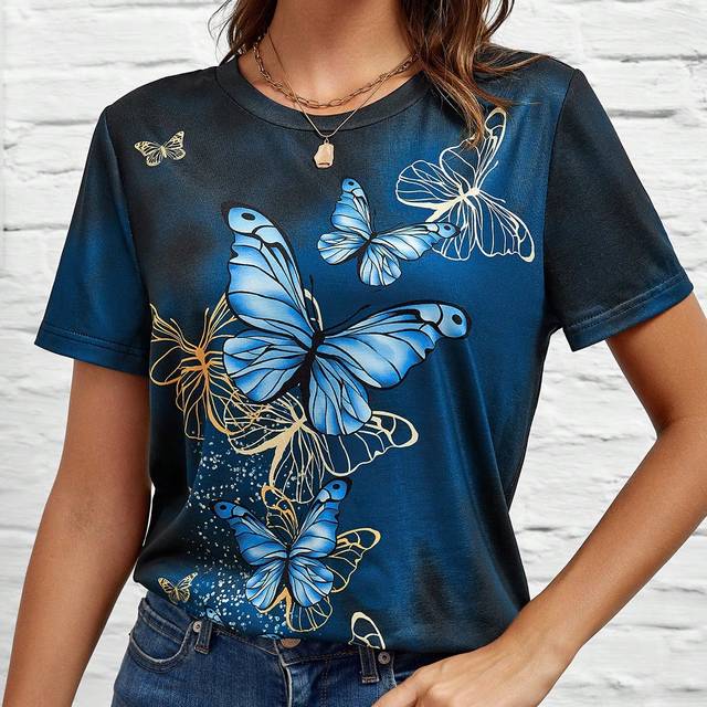 EMERY ROSE Women&#39;s Summer Holiday Floral Printed Round Neck Short Sleeve Casual T-Shirt Graphic T Shirt Teacher Clothes Country Tops