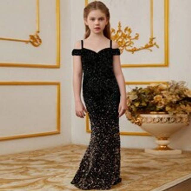 Tween Girl Gradient Glitter Off-Soulder Sjöjungfru festklänning - Svart och guld (8Y,9Y,10Y,11Y,12Y)