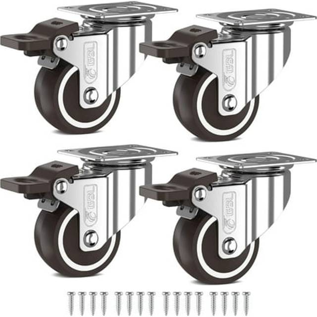 Heavy Duty Castor Wheels with 4 Brakes + Screws - 50mm up to 200KG - Pack of 4 No Floor Marks Silent Caster for Furniture - Rubbered Trolley Wheels -