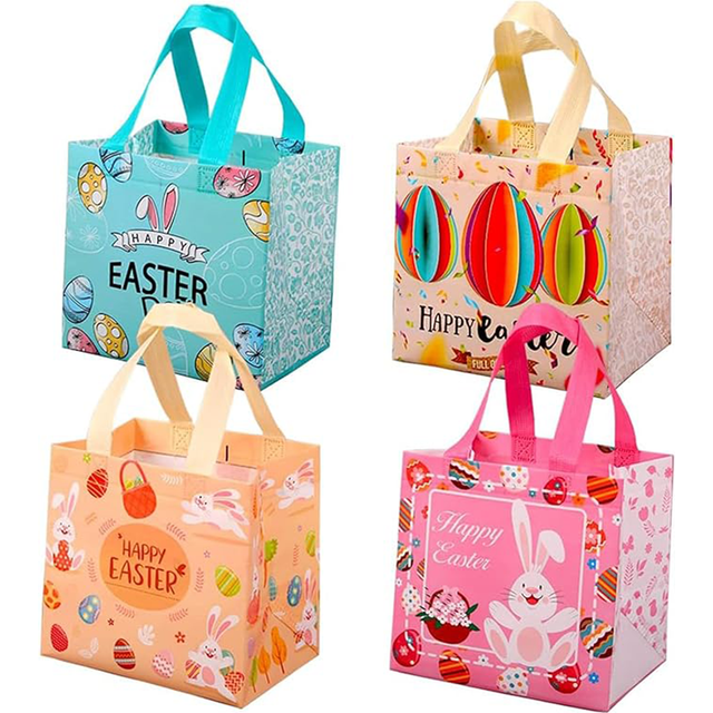 JOESTAR-UK JOESTAR Easter Tote Bags With Handles, Non-Woven Reusable Gift Bag Bunny Easter Egg Hunt Party Treat Bag Waterproof Goodie Bag For Holiday Favors (4 P