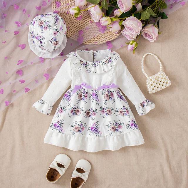 SHEIN Infant Girl Floral Print Patchwork Round Neck Long Sleeve Bow Decor Swiss Dot Dress