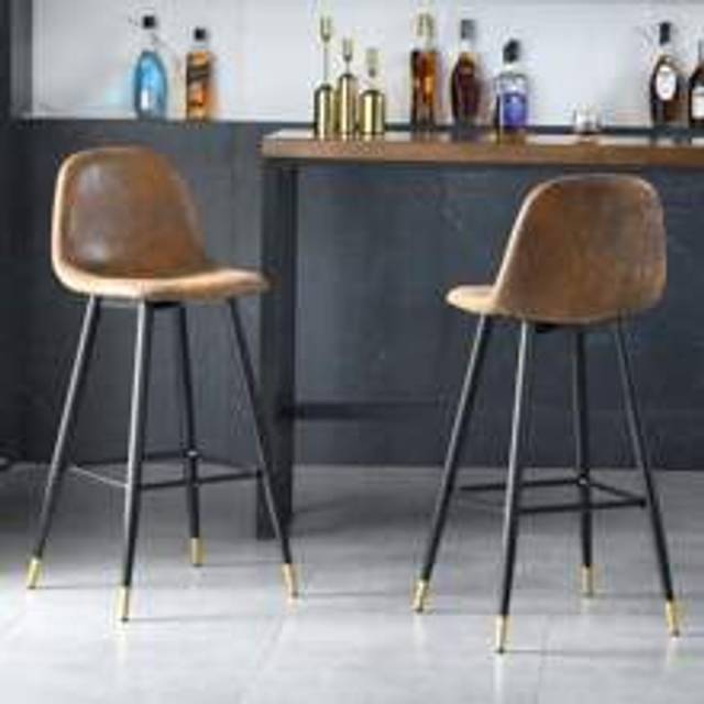 Set med 2 retro vintage barpall med rygg och fotstöd, vadderad sits 76 cm hög, industriell stil, bruna barnstolar, svarta och guldiga metallben