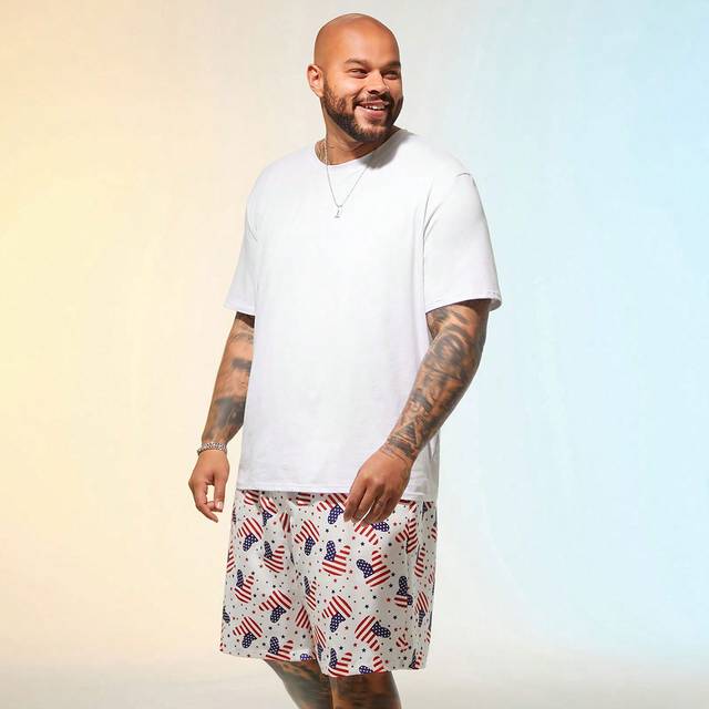 Manfinity Men&#39;s Plus Size Woven Casual USA Pattern Straight Drawstring Shorts, Suitable For Everyday Wear In Summer