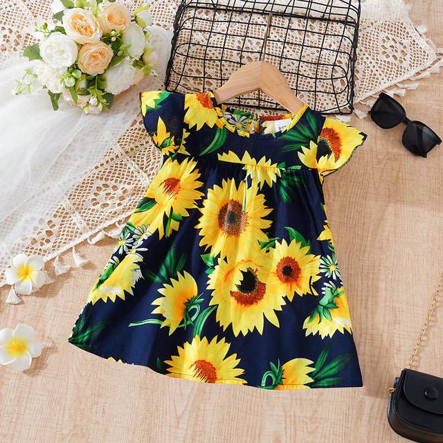 SHEIN Baby Girl Little Cap Sleeve Sunflower Dress Baby Fashion Cute Princess Dress