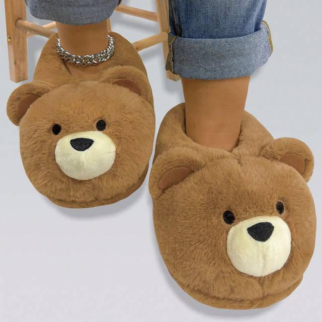SHEIN Brown Embroidered Closed Toe Teddy Bear Thermal Lined Slip-On House Slippers For Women