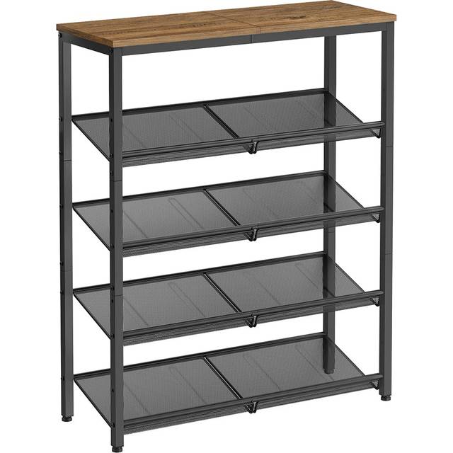 4-Tier Metal Expandable Shoe Rack with Adjustable Mesh Shelves, Honey Brown and Ink Black / 5 Tier (93H cm)