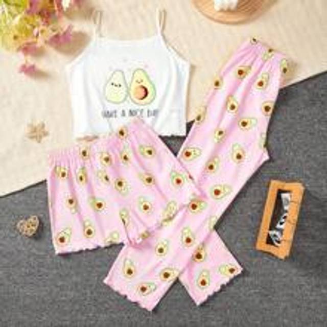 Tween Girl 3st sovkläderset, inklusive avokadotryckt kamisol, shorts och långbyxor - Rosa (8Y,9Y,10Y,11Y,12Y)