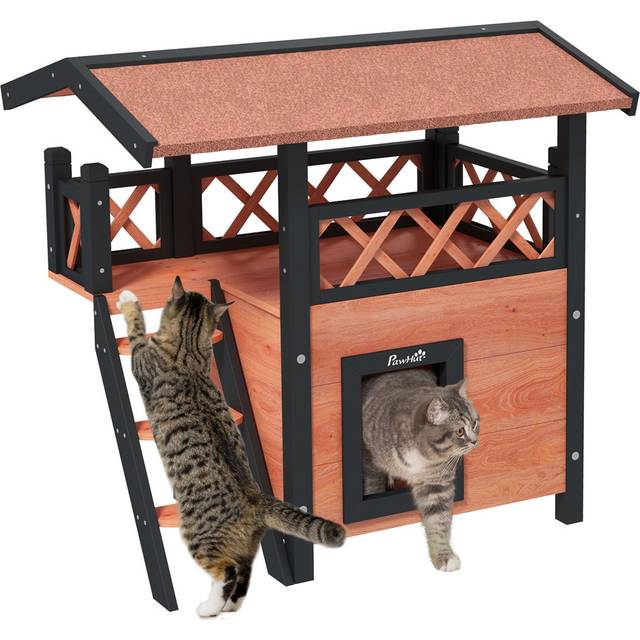 PawHut Brown Outdoor Cat House with Balcony Stairs Roof - 54.5 x 82 x 18cm
