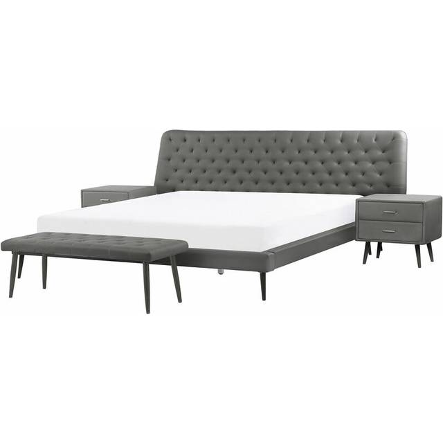 Beliani Bedroom Set Faux Leather Essonne 160 X 200 Cm Eu King Size Grey, Grey