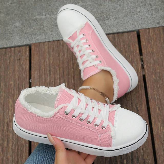 SHEIN Women&#39;s Round Toe Casual Canvas Sneakers With Lace-Up & Fuzzy Trim, Suitable For Campus, Daily Wear, Home, Commute, Work Year-Round. With PVC Lightwei