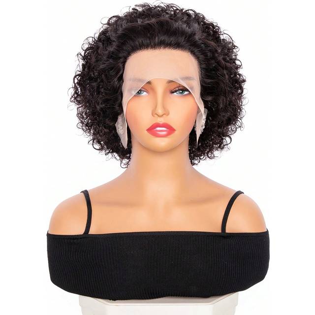 9AM Hair Transparent Lace Short Curly Human Hair Glueless Wigs, Natural Black Color, 12x1 Pixie Cut Water Wave Lace Front Wigs Human Hair With Pre-Plucked Natu