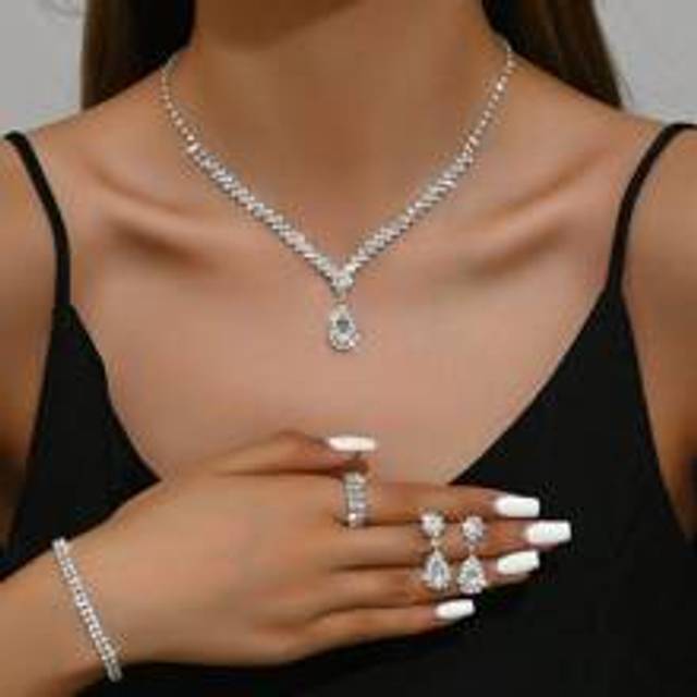 3st/set Silverfärgad metallisk strass-dubbad halsband, örhängen och armbandsset, brudsmycken för kvinnor - 734783424-2 vit kostym (En-Storlek)