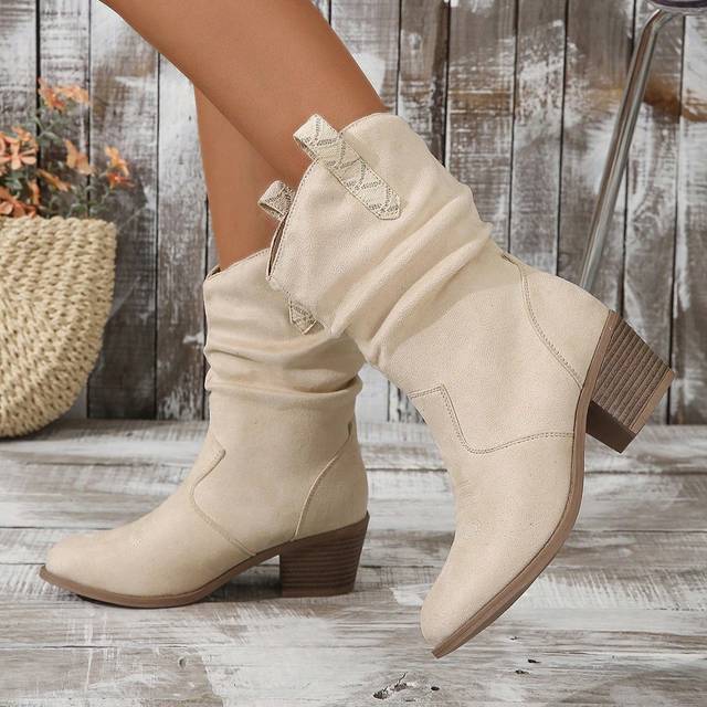 SHEIN 1 Pair Slip-On Thick Heel Round Toe Elegant All-Match Fashion Western Cowboy Boots, Embroidered Asymmetrical Ruched Low Heel Booties For Women