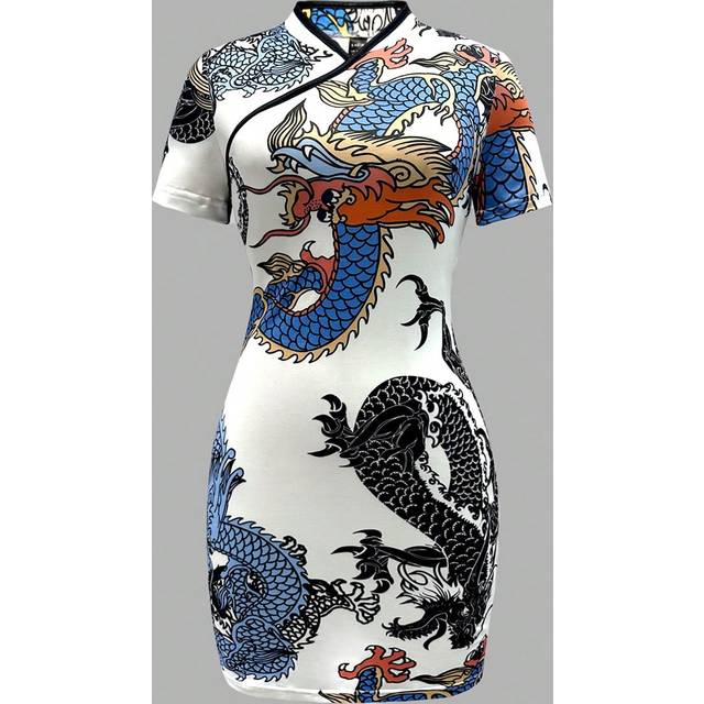 SHEIN Chinese Dragon Print Random Cut Women Summer Stand Collar Short Sleeve Elegant Dress