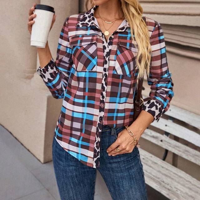 EMERY ROSE Women&#39;s Spring/Summer Plaid Long Sleeve Workwear Pocket Casual/Office Blouse