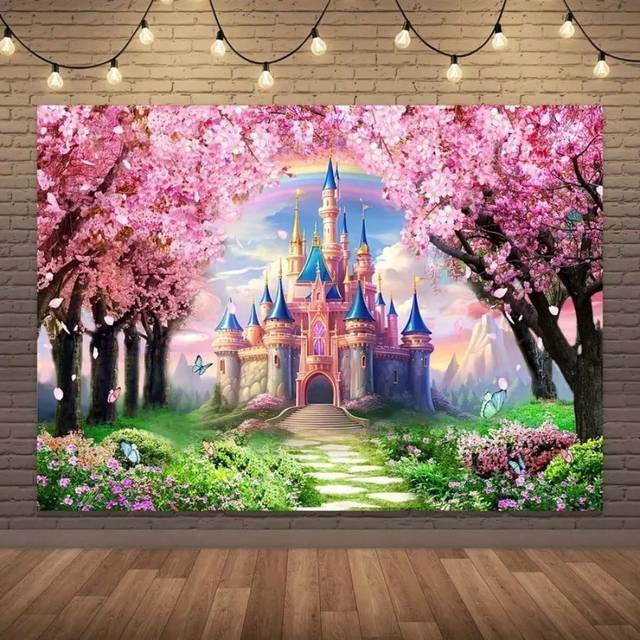 SHEIN New Castle Background Pink Cherry Blossom Forest Rainbow Flower Garden Fantasy Fairy Tale Photography Background Birthday Wedding Princess Party Photo