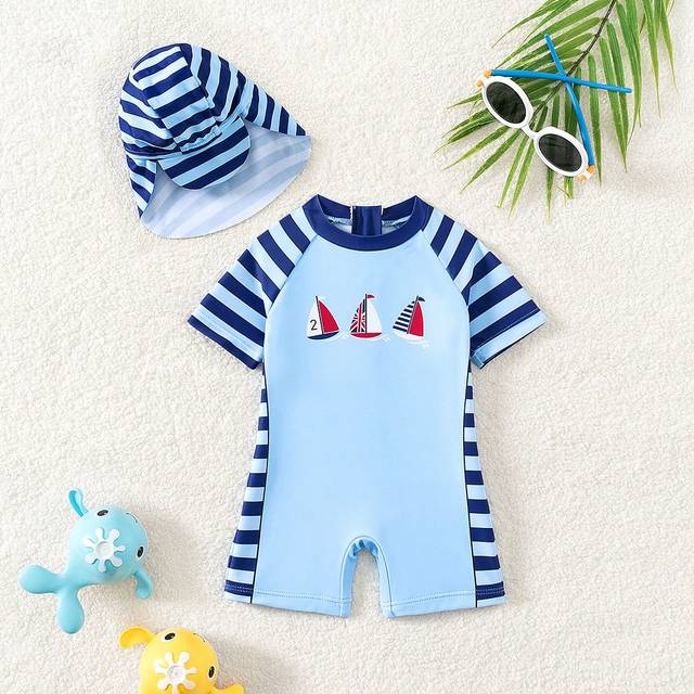SHEIN Baby Boy Summer Beach Color Block Striped Splice Sailboat Printed One-Piece Swimsuit