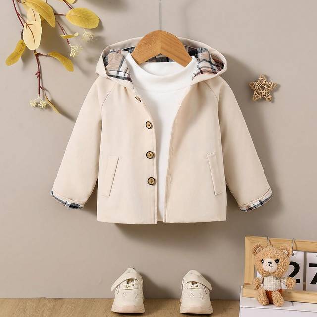 SHEIN Baby Boys&#39; Reversible Plaid Trench Coat, Spring Autumn, For Christmas, Baby Coat, Toddler Coat, Fall Baby Clothes, Baby Boy Coat