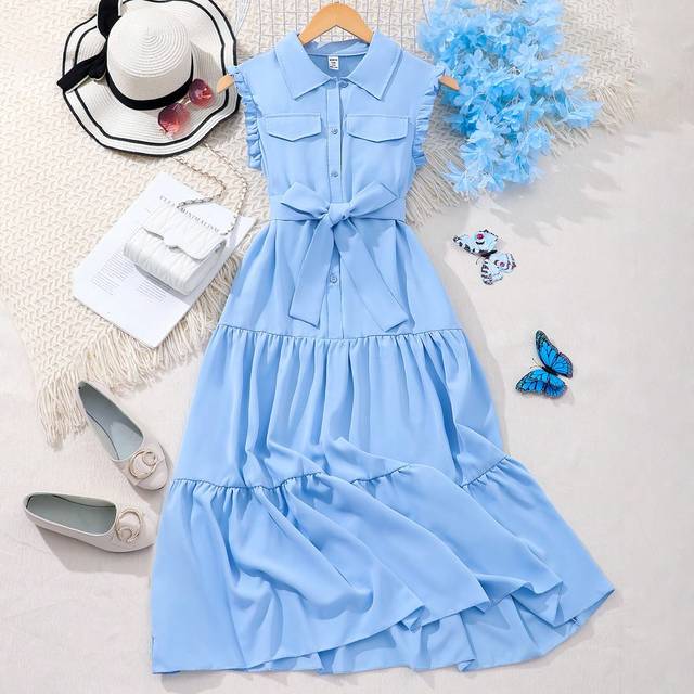 SHEIN Teen Girl Summer Loose Elegant Open Front Shirt Dress With Patchwork Frill Detail And Pockets