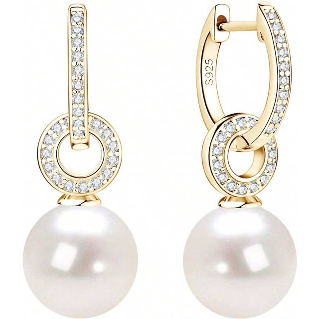 XUJIA 1 Pair 925 Elegant Pearl With Wedding Jewelry Sterling Silver Cubic Zirconia 9-10mm White Bead Women&#39;s Pearl Earrings Two Wearing Styles
