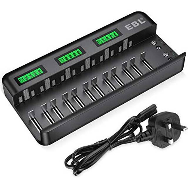 12+2 Bay LCD Rechargeable Battery Charger for AA AAA C D Ni-MH Ni-CD Rechargeable Batteries & 9V NiMH Ni-CD Li-ion Rechargeable Batteries, with