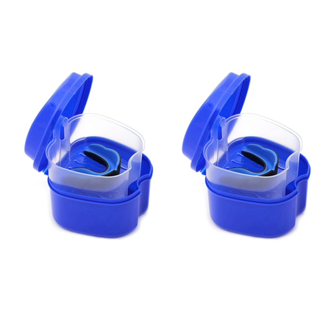 2X Dark Blue Denture Case, with Strainer, Denture Bath Box False Teeth Storage Box with Basket Net Container Holder