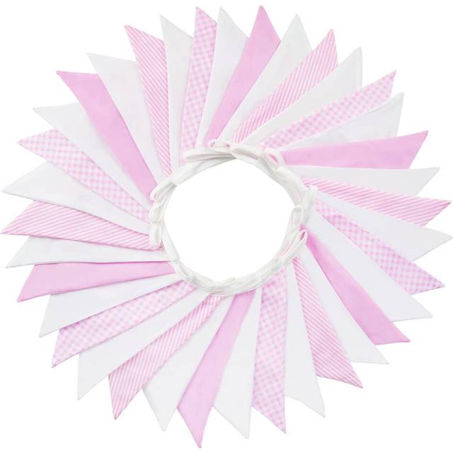 36PCS Pink and White Fabric Bunting, Two Layer 10M Lovely Triangle Banner Garlands, 17X19CM Double Side Large Cotton Pennants for Wedding Birthday