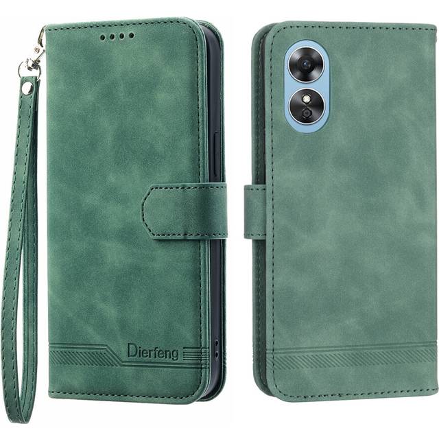 (Green, Oppo A17 4G) For Oppo A57/A17 Case, Leather Wallet Flip Case With Strap