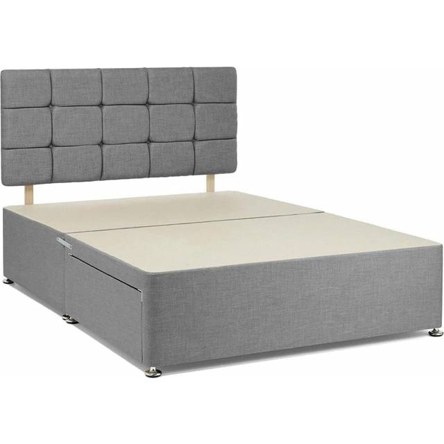 Divan Beds Deals Grey Bed Base with 20 Inches high Cube Headboard and 2 Storage Drawers | Double Divan Bed Set with Matching Headboard Chenille Fabric