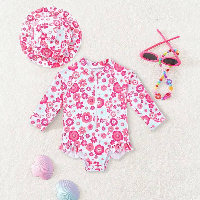 SHEIN Baby Girl Floral Print Zipper Front One Piece Swimsuit With Swim Cap