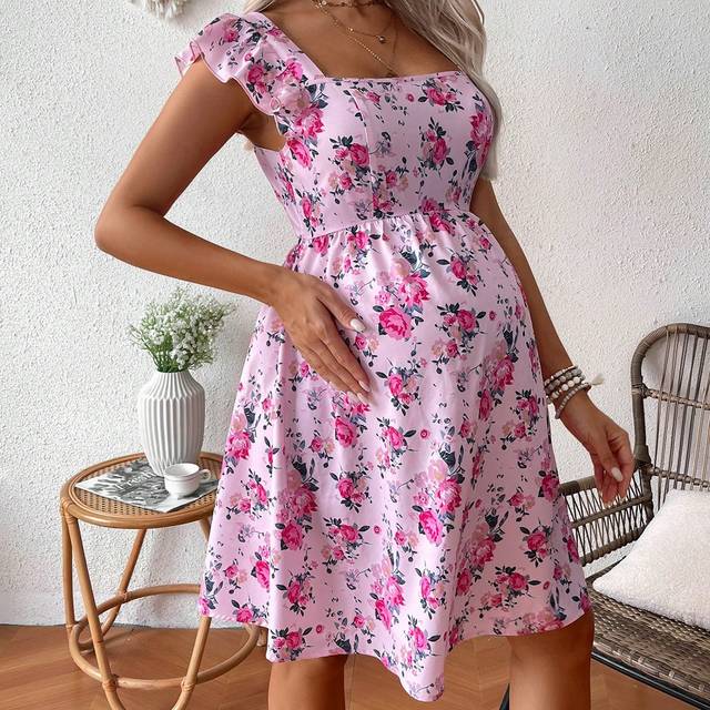 SHEIN Maternity Floral Print Dress With Floral Flounce Sleeves