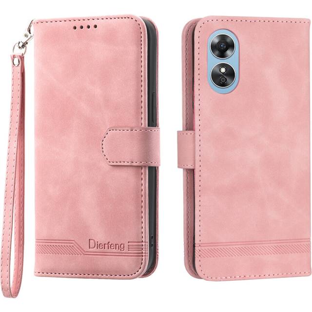 (Pink, Oppo A17 4G) For Oppo A57/A17 Case, Leather Wallet Flip Case With Strap