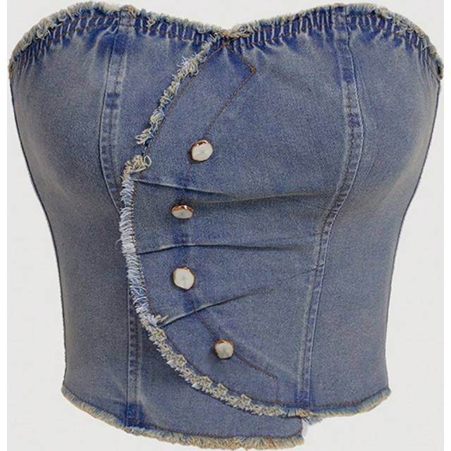 SHEIN Women&#39;s Summer Patchwork Frayed Ruched Tube Top Denim Blouse