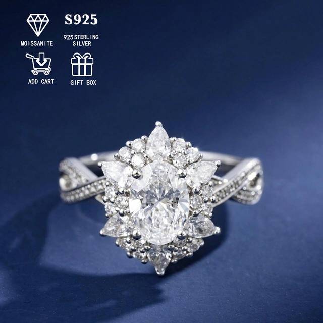 SHEIN 1pc Women&#39;s Quality Solitaire Ring, Elegant Luxurious Criss-Cross Ring, Approx. 4.2g 925 Sterling Silver Inlaid 2ct Oval Moissanite, Party, Business,