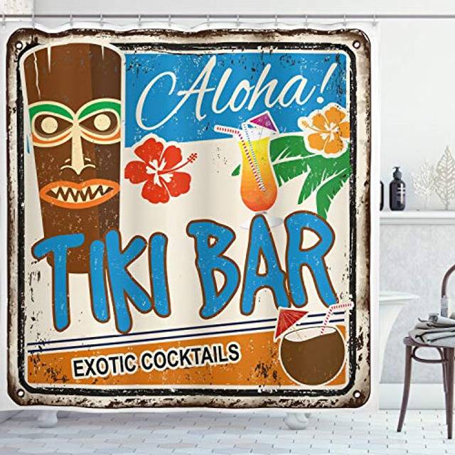 Tiki Bar Shower Curtain, Rusty Vintage Sign Aloha Exotic Cocktails and Coconut Drink Antique Nostalgic, Cloth Fabric Bathroom Decor Set with Hooks, 94