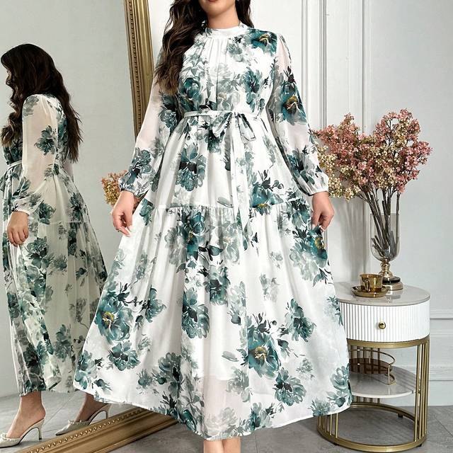 Mulvari Plus Size Women Floral Print Stand Collar Lantern Sleeve Ruffle Hem Maxi Elegant Dress, Modest Dress For Casual Daily/Holiday/Wedding Party/Evening