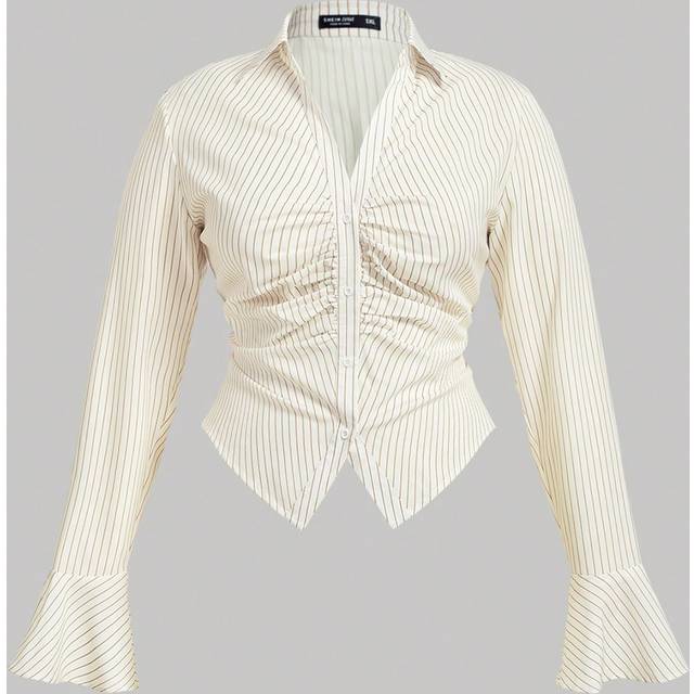 SHEIN Plus Size Women&#39;s Elegant Long Sleeve Striped Cuffed Flare Hem Blouse