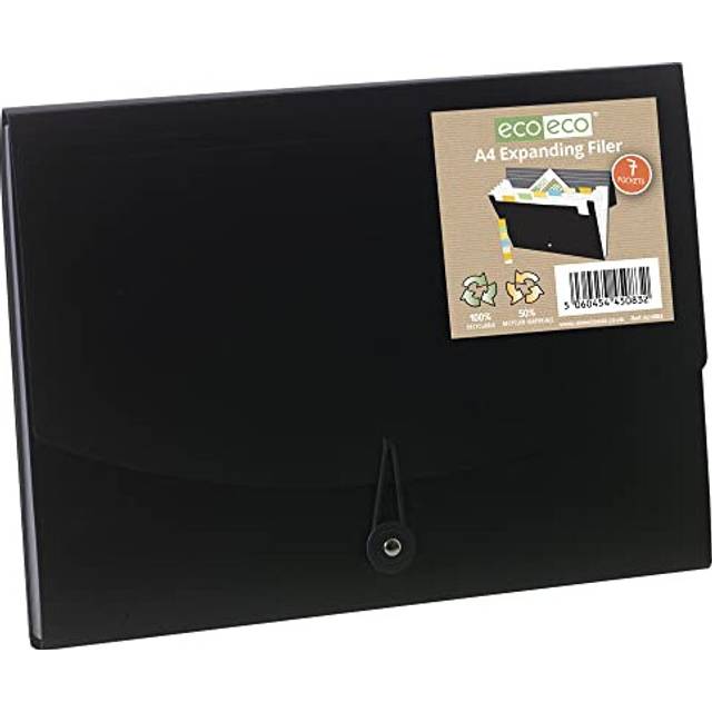 A4 50% Recycled 7 Clear Pocket Black Cover Accordion Expanding File Organiser - Document Folder - Printed Index Tabs, eco083