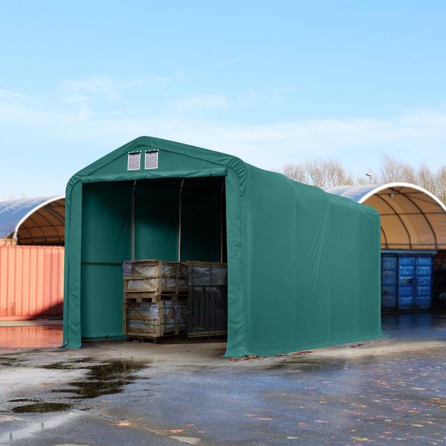 TOOLPORT 4x8m 3.35m Sides Commercial Storage Shelter, 3.5x3.5m Drive Through, PVC 850, dark green with statics package (concrete anchors) - (49652)