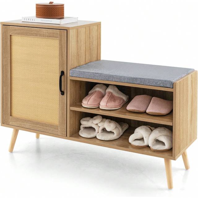 GymaxMore Rattan Shoe Cabinet 2-In-1 Shoe Storage Bench Shoe Rack Cabinet