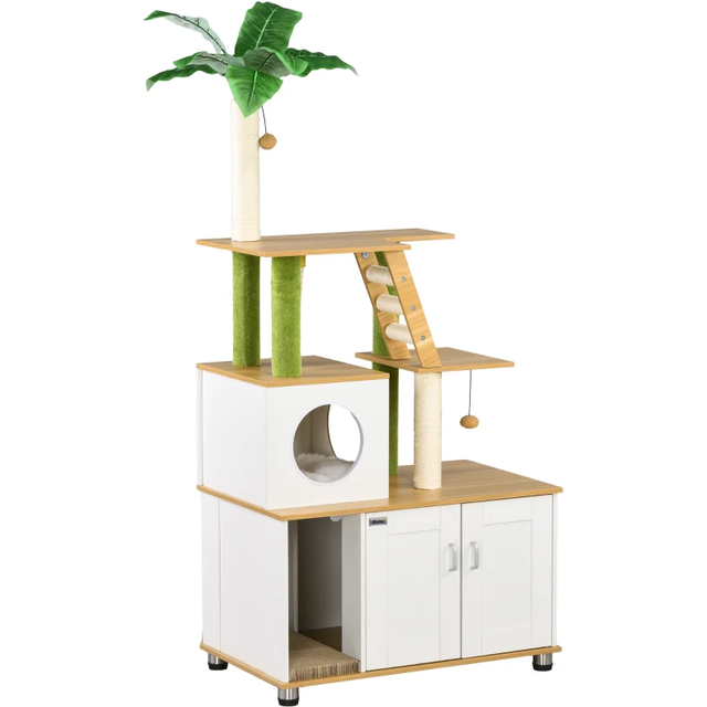 Pawhut Cat Tree With Hidden Litter Box Enclosure, 2 In 1 Green Leaf Cat Tower Litter Box Furniture With House, Ladder, Scratching Posts And Platforms,