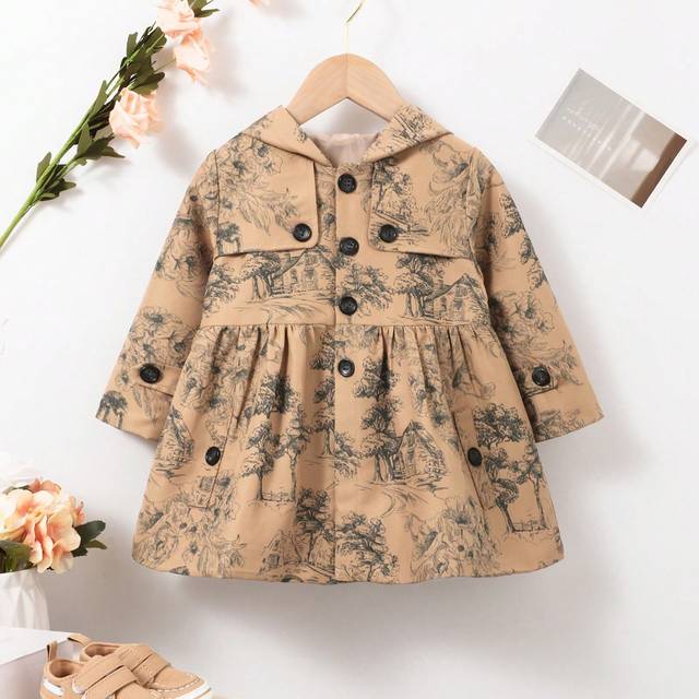 SHEIN Baby Girl All-Over Print Hooded Collar Retro Print Long Sleeve Windbreaker