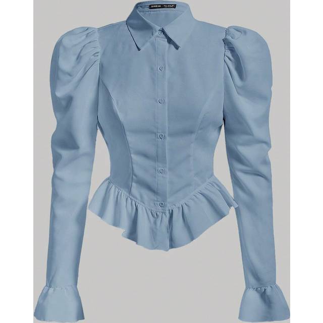 SHEIN Flare Sleeve Ruffle Hem Puff Sleeve White Waisted Blouse