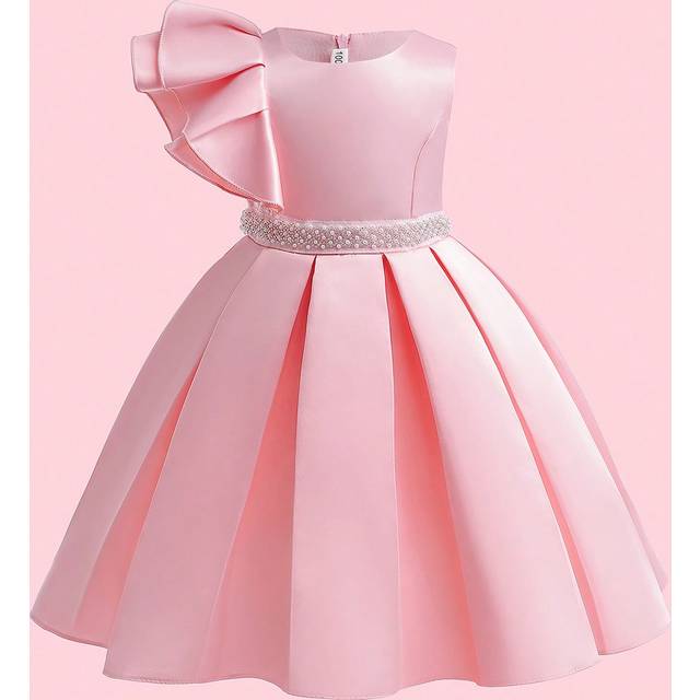 EHOMKIDS Young Girl Toddlers Solid Satin Party Dress With Faux Pearl Belt And Ruffle Trim, In Midi/Long Length, For Wedding And Party Events