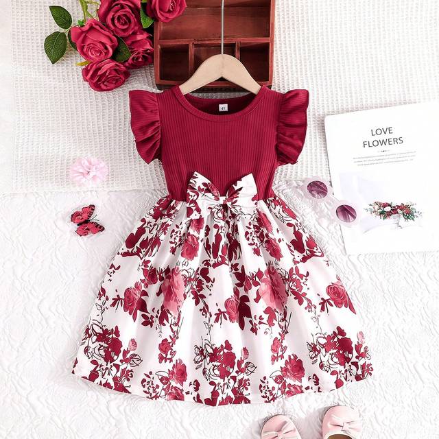 SHEIN Young Girl Summer Casual Dress With Ruffled Sleeves, Bow And Rose Print, Above Knee Length
