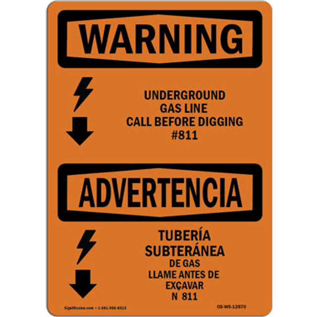 SignMission OS-WS-A-1218-L-12870 12 x 18 in. OSHA Warning Sign - Underground Gas Line Call No.811 Bilingual