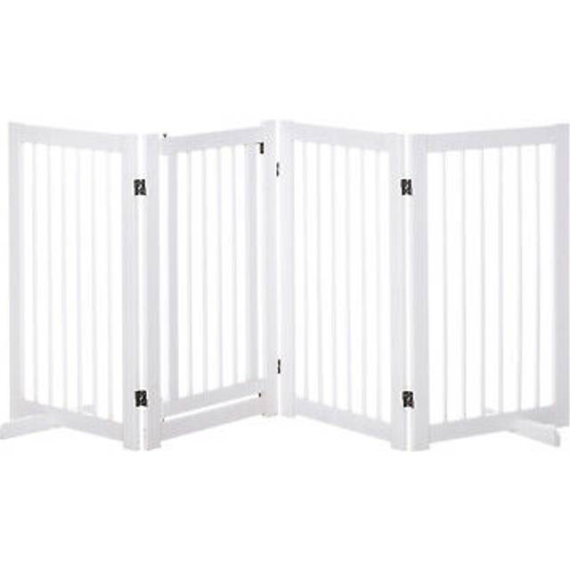 Pawhut wooden freestanding pet gate 4 panels foldable dog safety fence white
