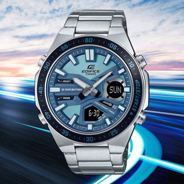 Casio Edifice Analog Digital Stainless Steel Blue Dial Quartz EFV-C110D-2B 100M Men&#39;s Watch